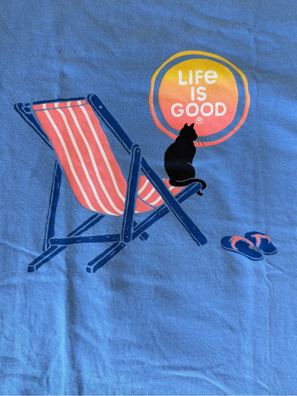 Life Is Good Blue Tee with Cat & Beach Chair Graphic